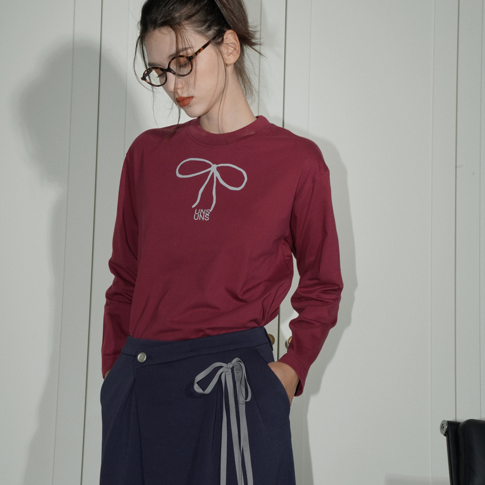 UNNNSAD 透气舒适sorona索罗娜法式蝴蝶结印花长袖 安可拉红t恤女