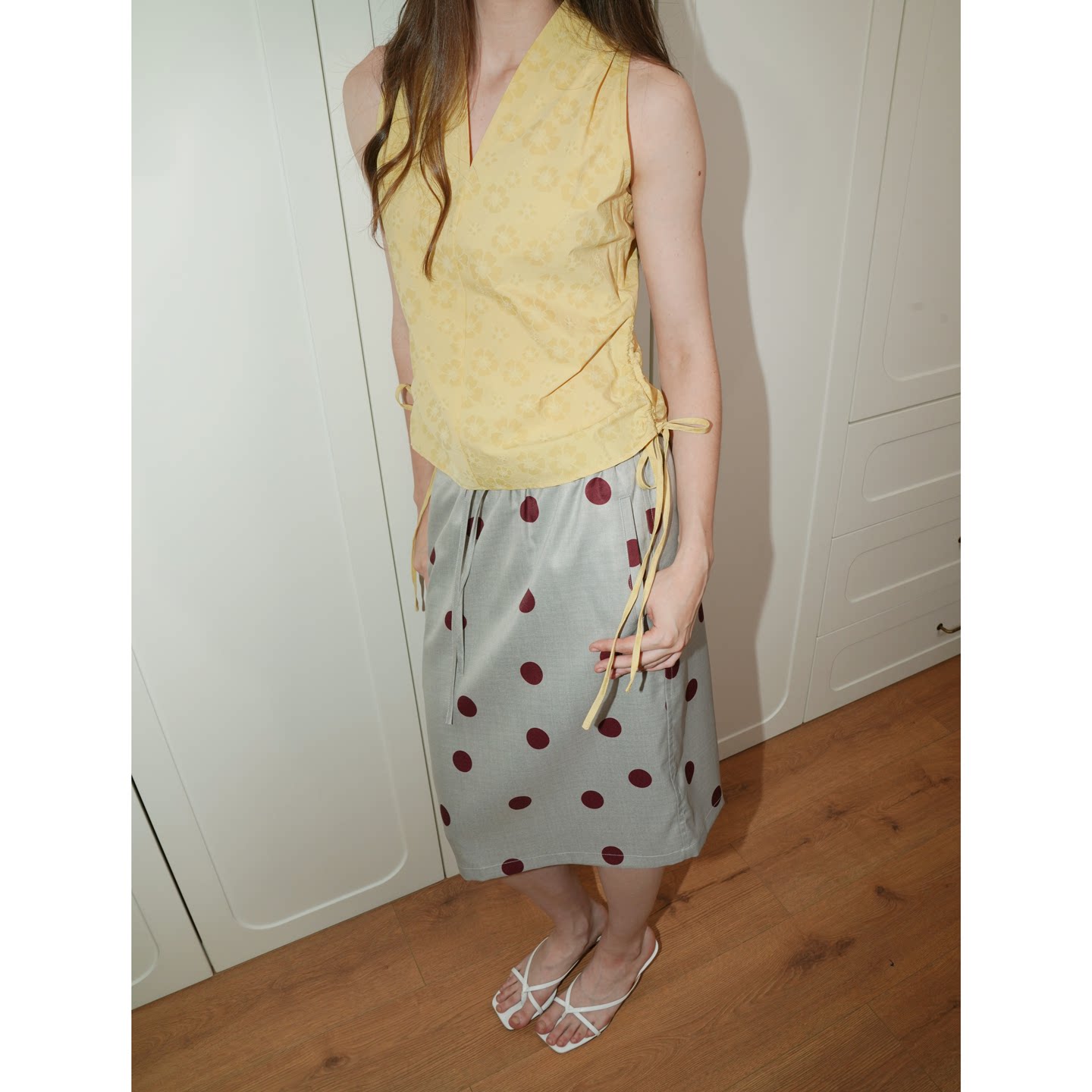 UNNNSAD 2026SS夏季波点抽绳半裙 复古松弛感棕色/银白圆点中裙