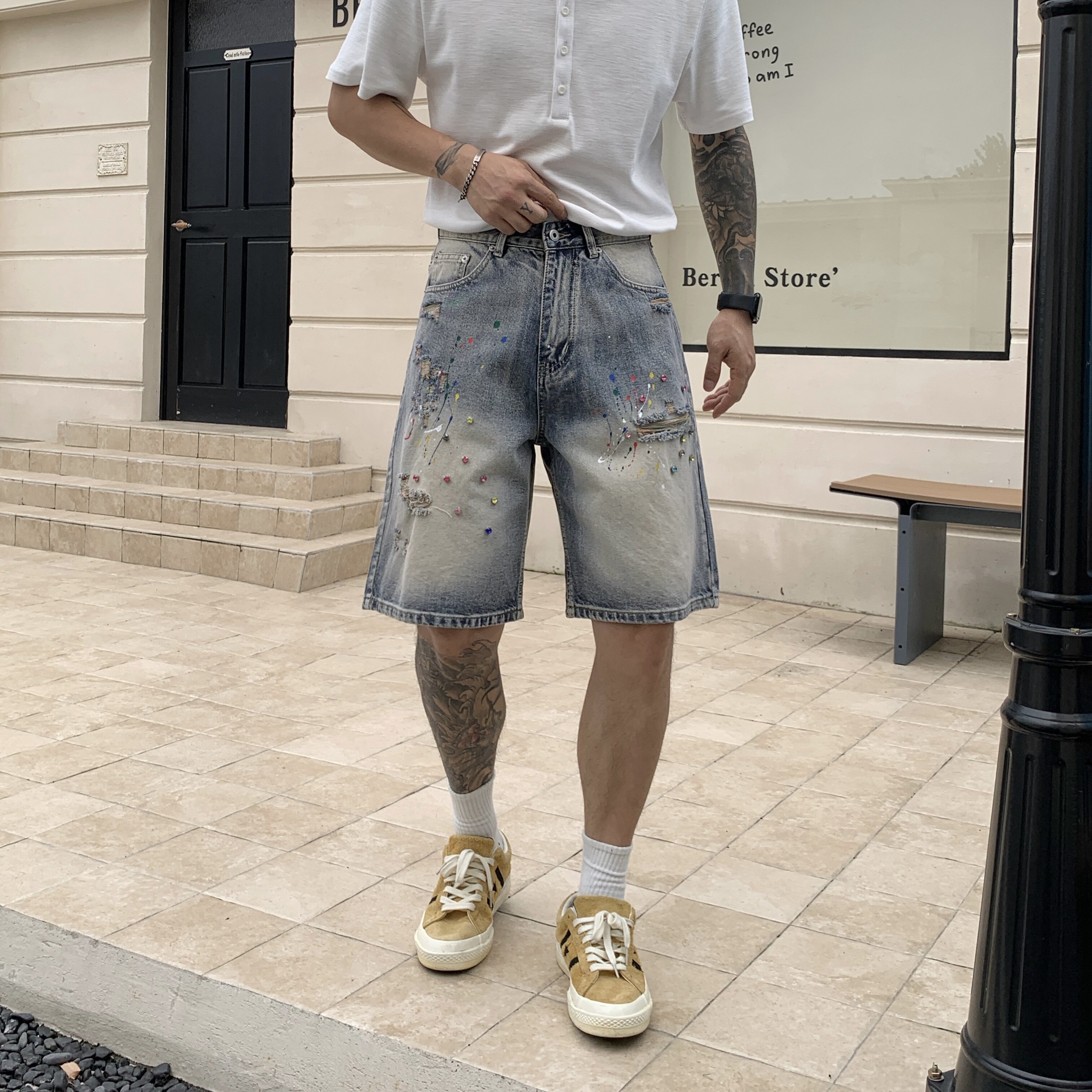 新款潮牌宽松男士泼墨印花破洞潮流款休闲夏季短裤蓝色水洗牛仔裤