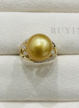 专柜高品质厚金版定制/18k黄金钻石/天然海水南洋金珍珠戒指T家
