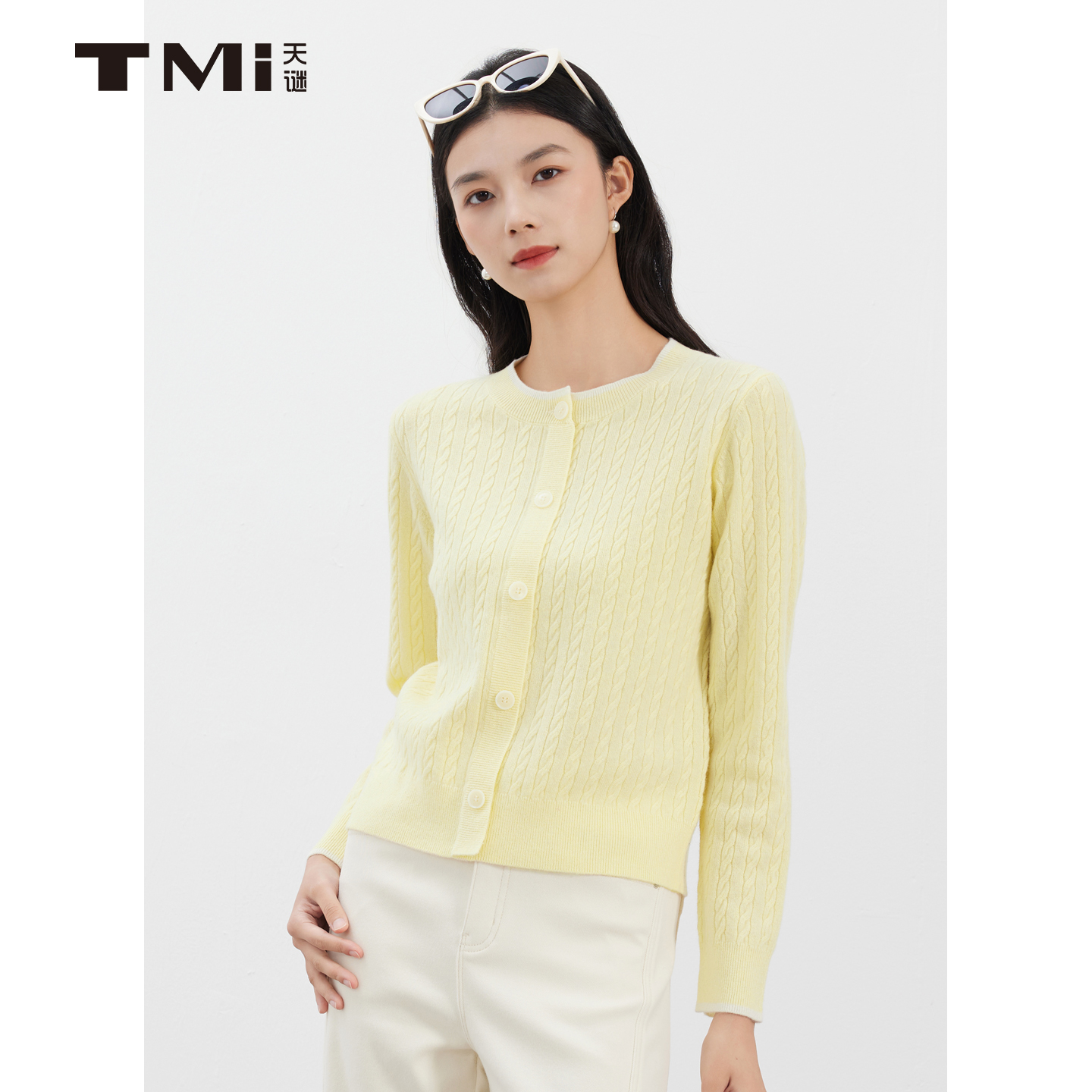 天谜套头绞花100%绵羊毛针织衫