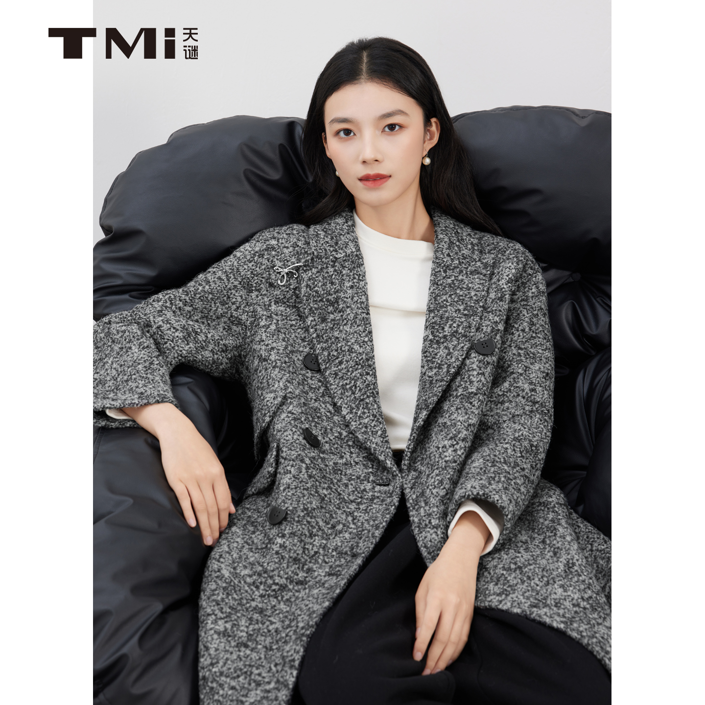 天谜时尚西装领灰花呢中长款大衣