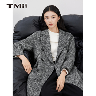 女装 天谜时尚 领外套2025冬季 西装 TMi254014 摩登大衣灰花呢中长款