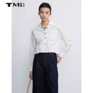 天谜假两件休闲衬衫条纹长袖不规则上衣2025春季女装TMi251019