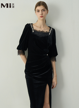 天谜连衣裙蕾丝方口领丝绒复古优雅开叉裙2024秋季女装TMi243031