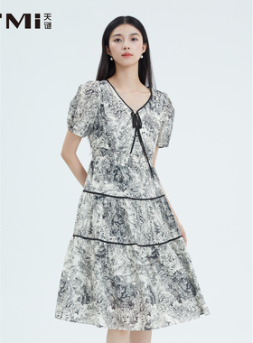 天谜浪漫碎花连衣裙V领系带中式雪纺裙2025夏季女装TMi252107