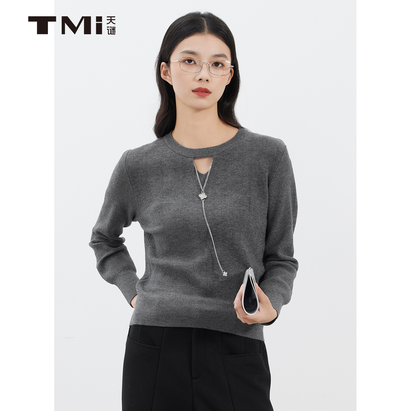 天谜格雷灰亮丝绵羊毛针织衫