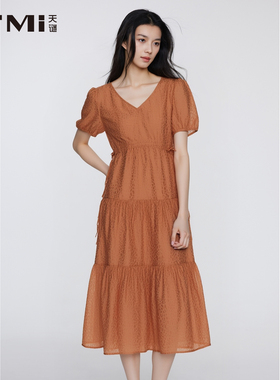 天谜连衣裙V领抽绳收腰百褶短袖长裙2024夏季女装TMi242179