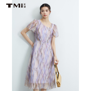 天谜法式晕染连衣裙淑女优雅中长裙百褶裙2025夏季女装TMi252199