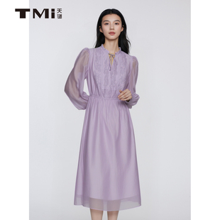 天谜连衣裙系带中式长袖纯色雪纺国风2024秋季女装TMi241124