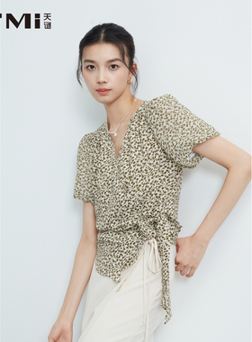天谜碎花系带小衫V领泡泡袖时尚上衣2025夏季女装TMi252102