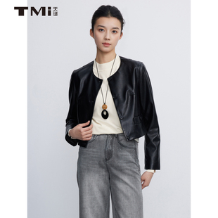 新品 女装 TMi251028 黑色外套2025春季 天谜皮衣圆领纯色简约时尚