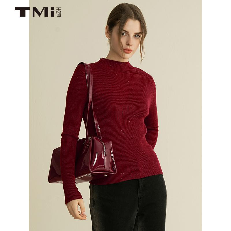 亮丝半高领安克拉红针织衫