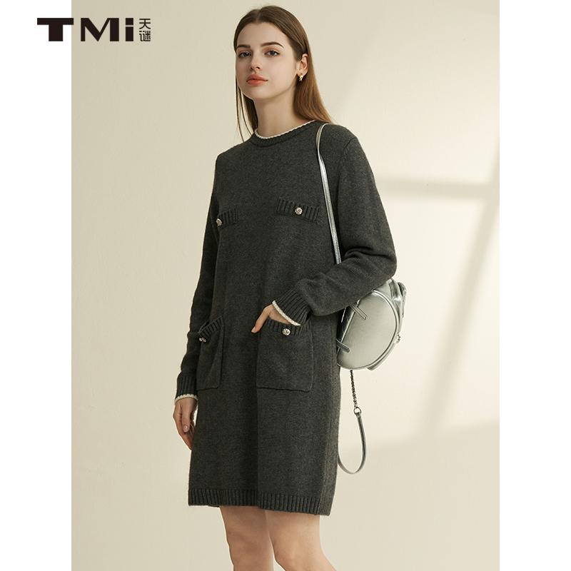纽扣长袖毛衣针织连衣裙
