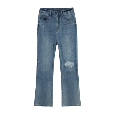 天谜长裤做旧磨破自然腰牛仔裤