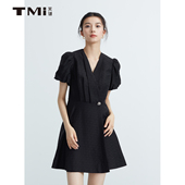 天谜法式 TMi252108 女装 茶歇连衣裙V领收腰时尚 小黑裙2025夏季