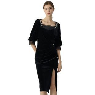 天谜连衣裙蕾丝方口领丝绒复古优雅开叉裙2024秋季女装TMi243031