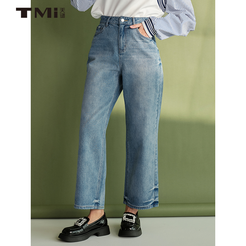 天谜牛仔裤水洗蓝自然腰