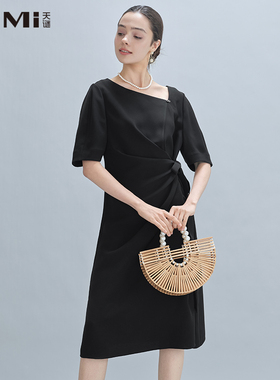 天谜连衣裙斜领系带简约优雅黑色裙子2024夏季女装TMi242085