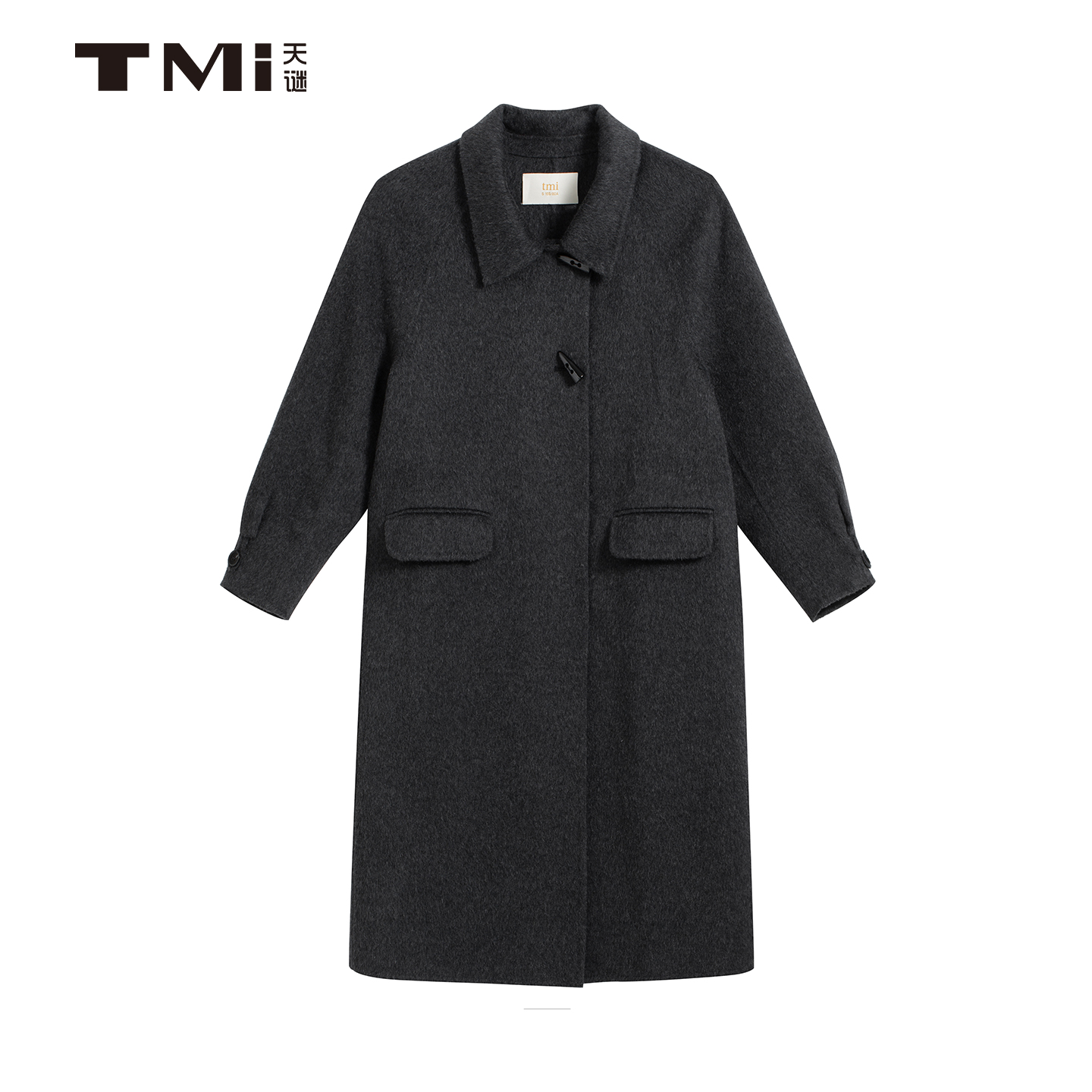 天谜绵羊毛羊角扣翻领大衣