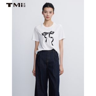 女装 天谜圆领印花T恤蝴蝶结减龄纯棉休闲上衣2025夏季 TMi252111