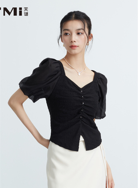 天谜V领泡泡袖小衫收腰镂空名媛短上衣2025夏季女装TMi252109
