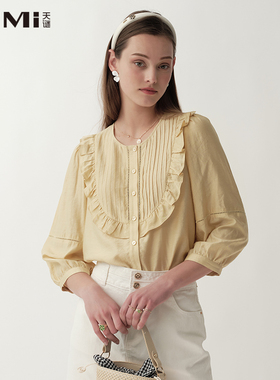 天谜小衫短袖复古碎褶减龄淑女雪纺衫2023夏季女装TMi 232171