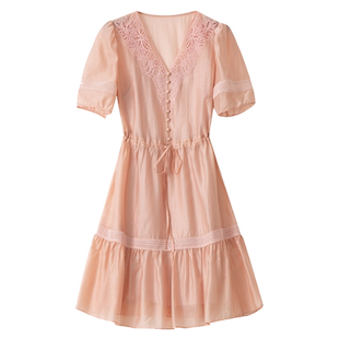 天谜连衣裙蕾丝拼接收腰淑女优雅中长裙2023夏季女装TMi232081