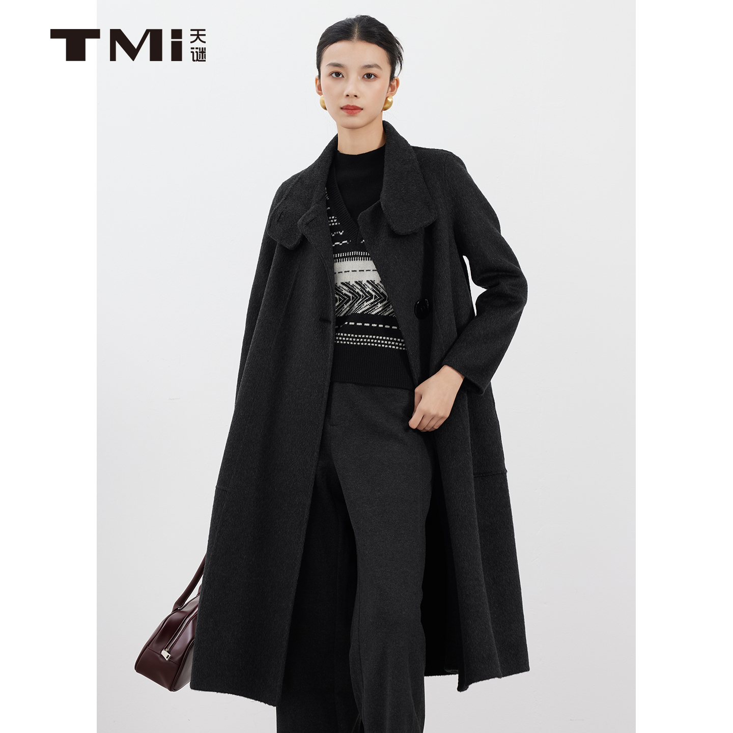天谜立领翻边中长款垂顺大衣