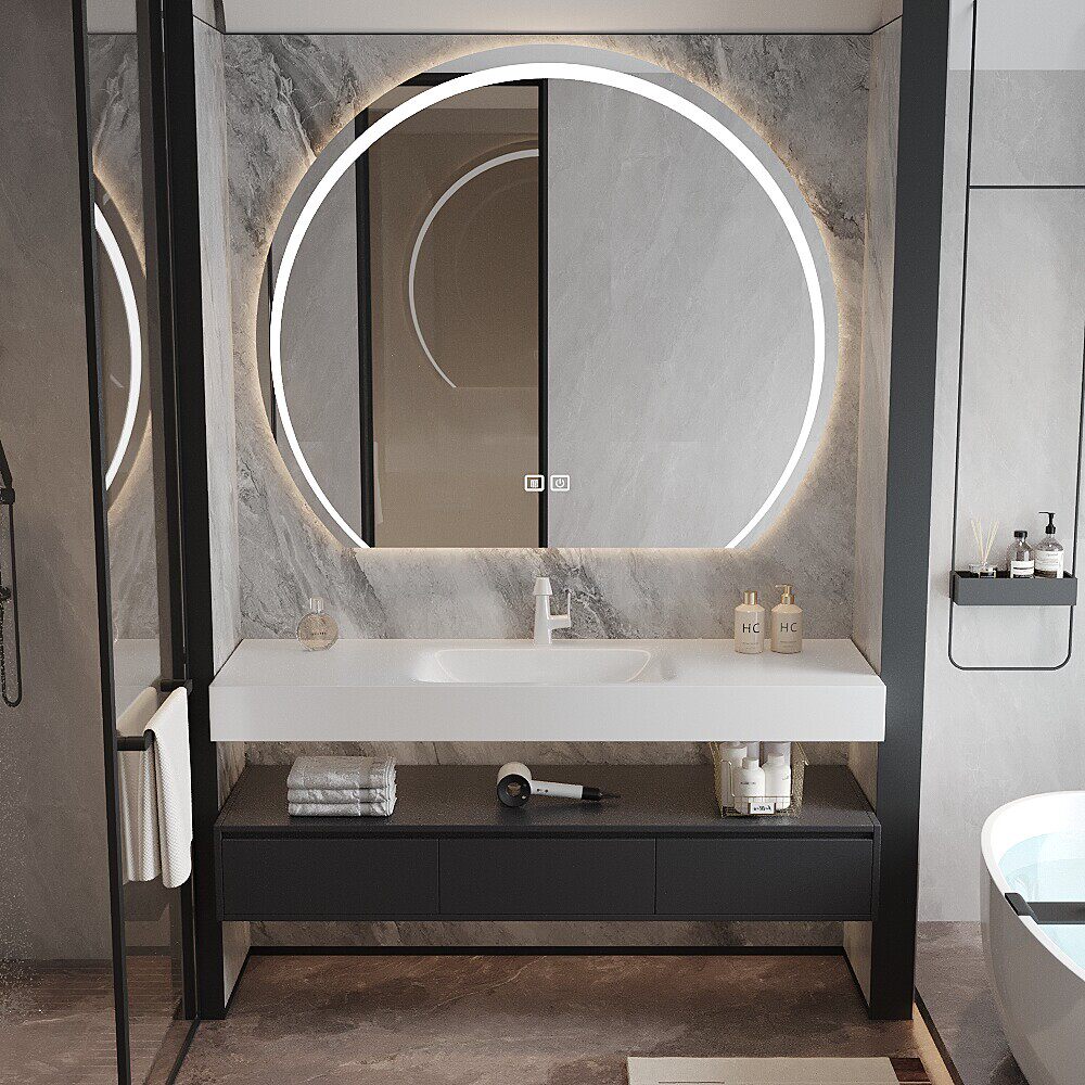 凯萨博轻奢岩板热弯一体台盆浴室柜组合壁挂式洗漱台