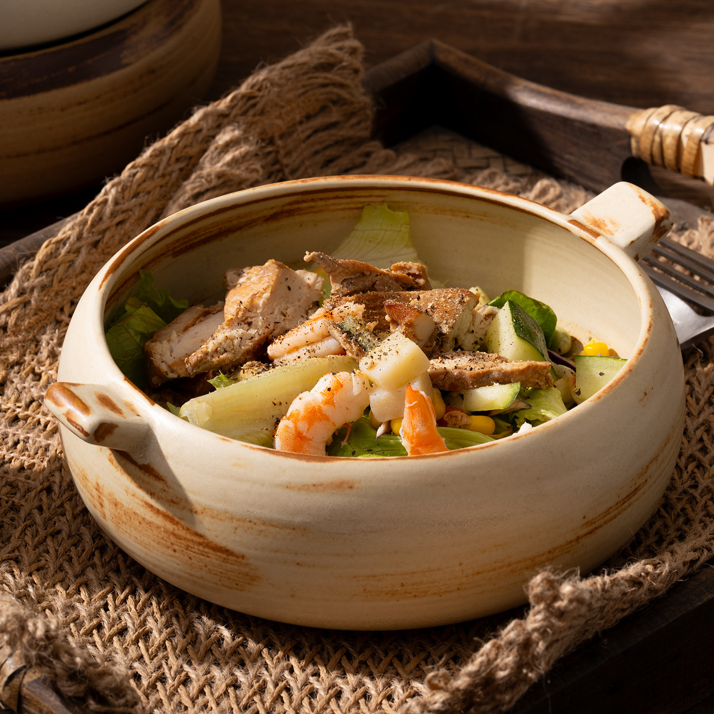 粗陶手工双耳圆钵家用大容量汤碗陶瓷深盘景德镇手柄碗螺蛳粉碗