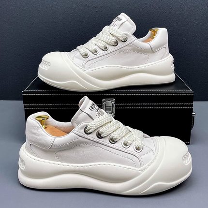 开口笑丑萌大头男鞋2025秋季新款真皮小白鞋厚底板鞋休闲面包鞋子