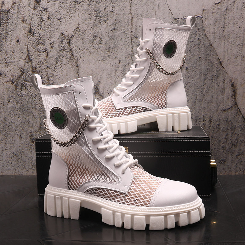 马丁靴男夏季透气薄款高帮靴子时尚潮牌男鞋英伦风镂空白色机车靴