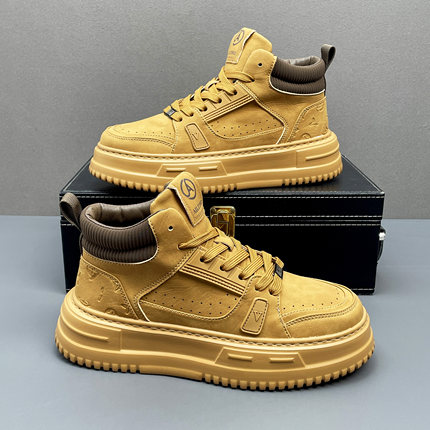 高帮鞋男2025秋季新款大黄靴舒适百高邦板鞋增高厚底小麦色马丁靴
