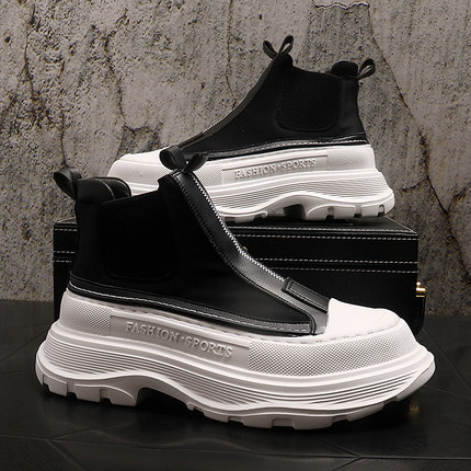 高帮鞋男8cm内增高厚底秋季款短筒靴子男韩版潮流百搭中帮马丁靴