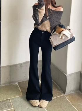 BEKISS贝斯7752加绒微喇牛仔裤女冬喇叭裤高腰显瘦刺绣加厚拖地裤