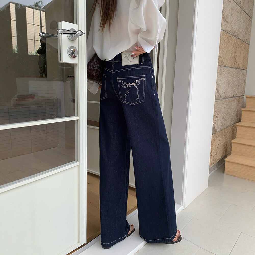 BEKISS贝斯7938直筒微喇牛仔裤女春蝴蝶结喇叭裤普洗蓝阔腿拖地裤