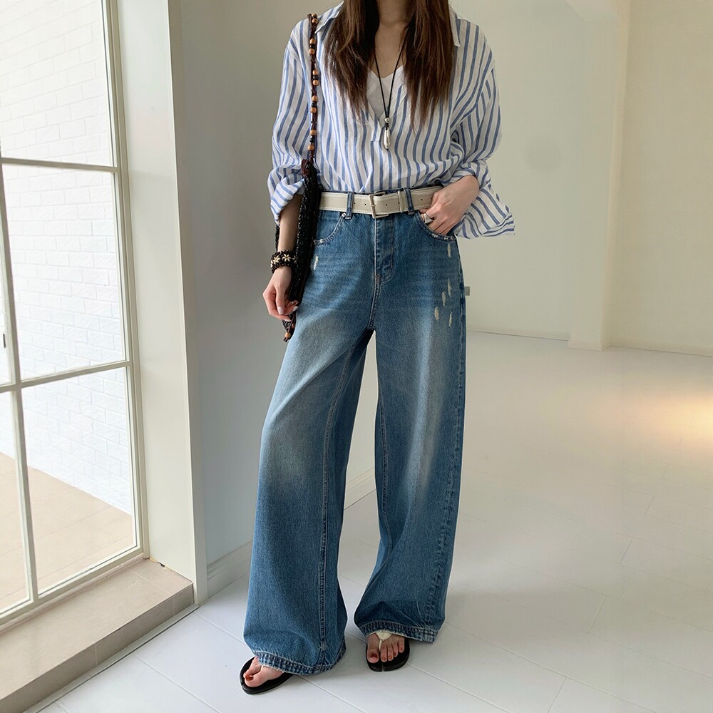 BEKISS贝斯7776-5阔腿牛仔裤女2026春季新款复古直筒裤破洞拖地裤