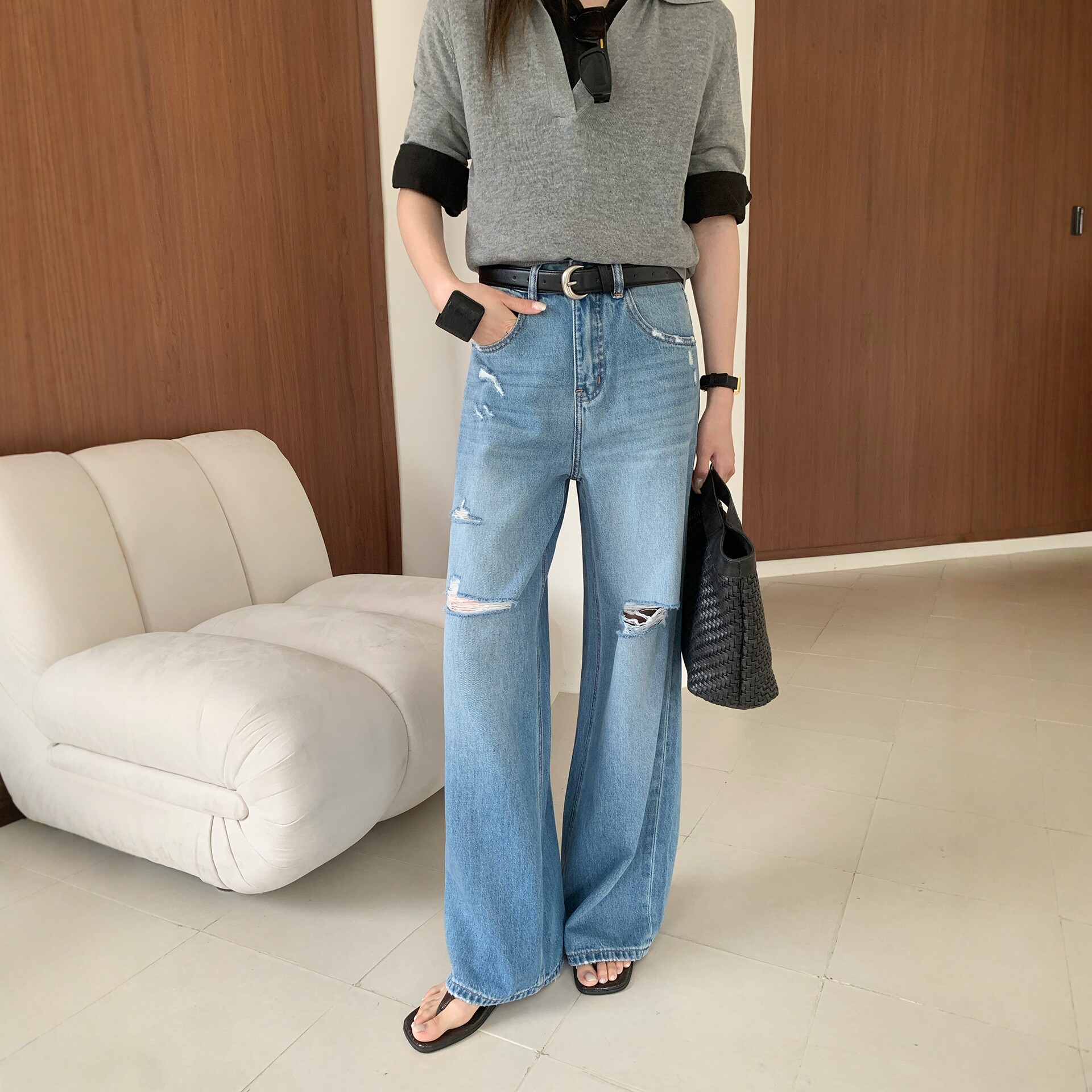 BEKISS贝斯9006直筒牛仔裤女2026夏季新款阔腿裤显瘦破洞拖地裤子