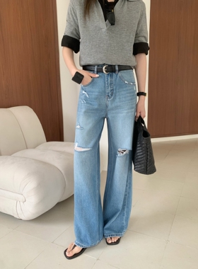 BEKISS贝斯9006直筒牛仔裤女2026夏季新款阔腿裤显瘦破洞拖地裤子