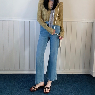 BEKISS贝斯7812微喇牛仔裤女2026早春新款喇叭裤开叉小个子九分裤