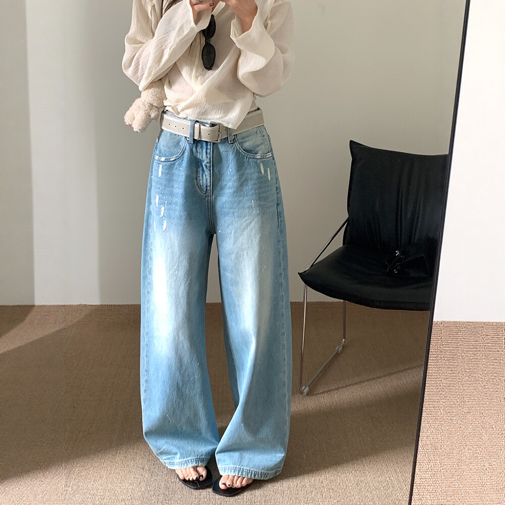 BEKISS贝斯7930阔腿牛仔裤女2026春季新款泼漆直筒裤破洞拖地甩裤