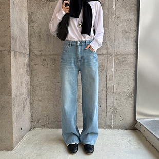 BEKISS贝斯7793阔腿牛仔裤女2026早春新款直筒裤高腰蓝色拖地裤子