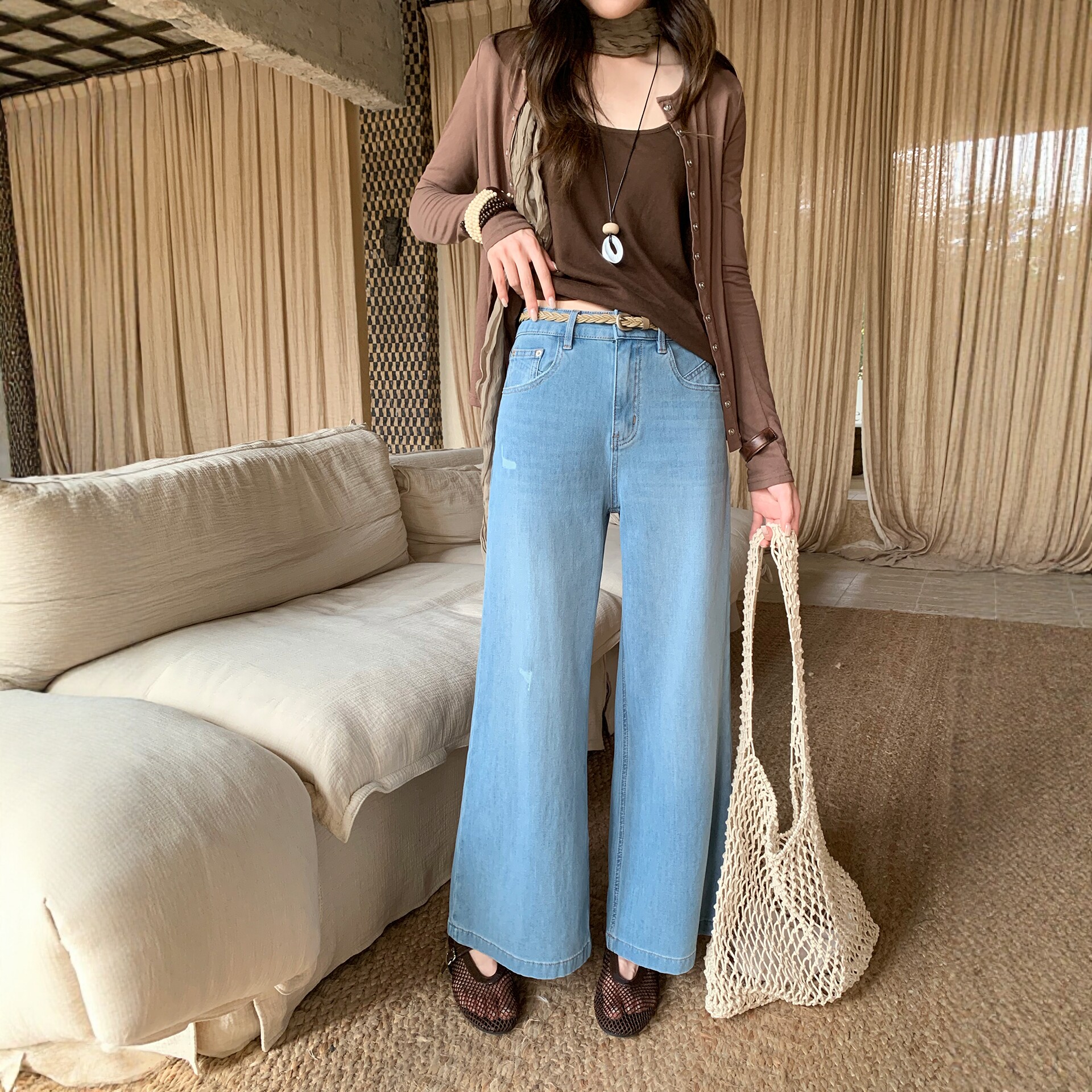 BEKISS贝斯7998直筒牛仔裤女夏季新款阔腿裤薄款宽松磨破九分裤子