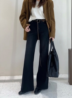 BEKISS贝斯7753-1加绒直筒微喇牛仔裤女冬季喇叭裤黑色高腰拖地裤