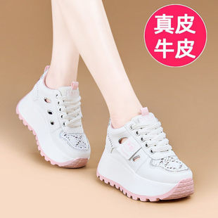 真皮镂空内增高女鞋8cm小个子网面透气运动鞋ins夏季坡跟休闲凉鞋