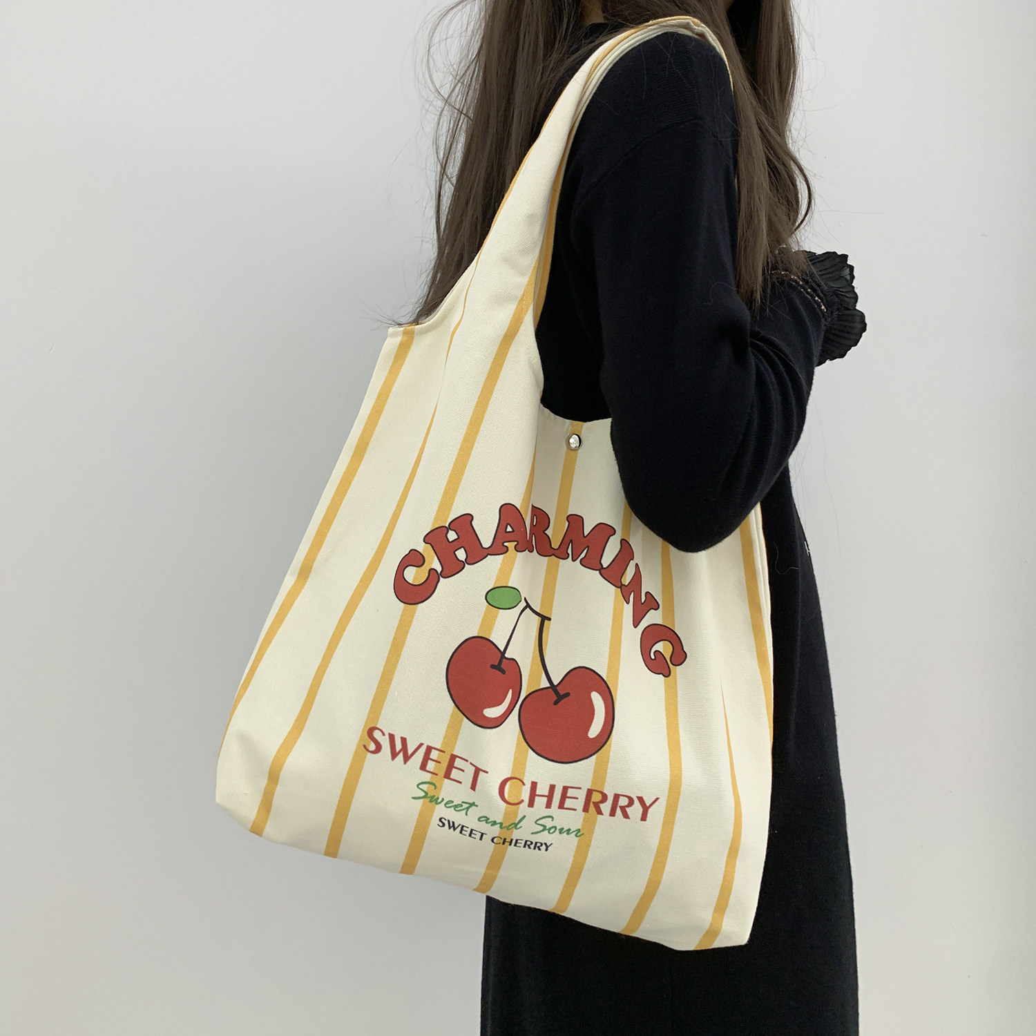 新款卡通条纹帆布背心包女大容量单肩托特包学生用简约百搭手提包