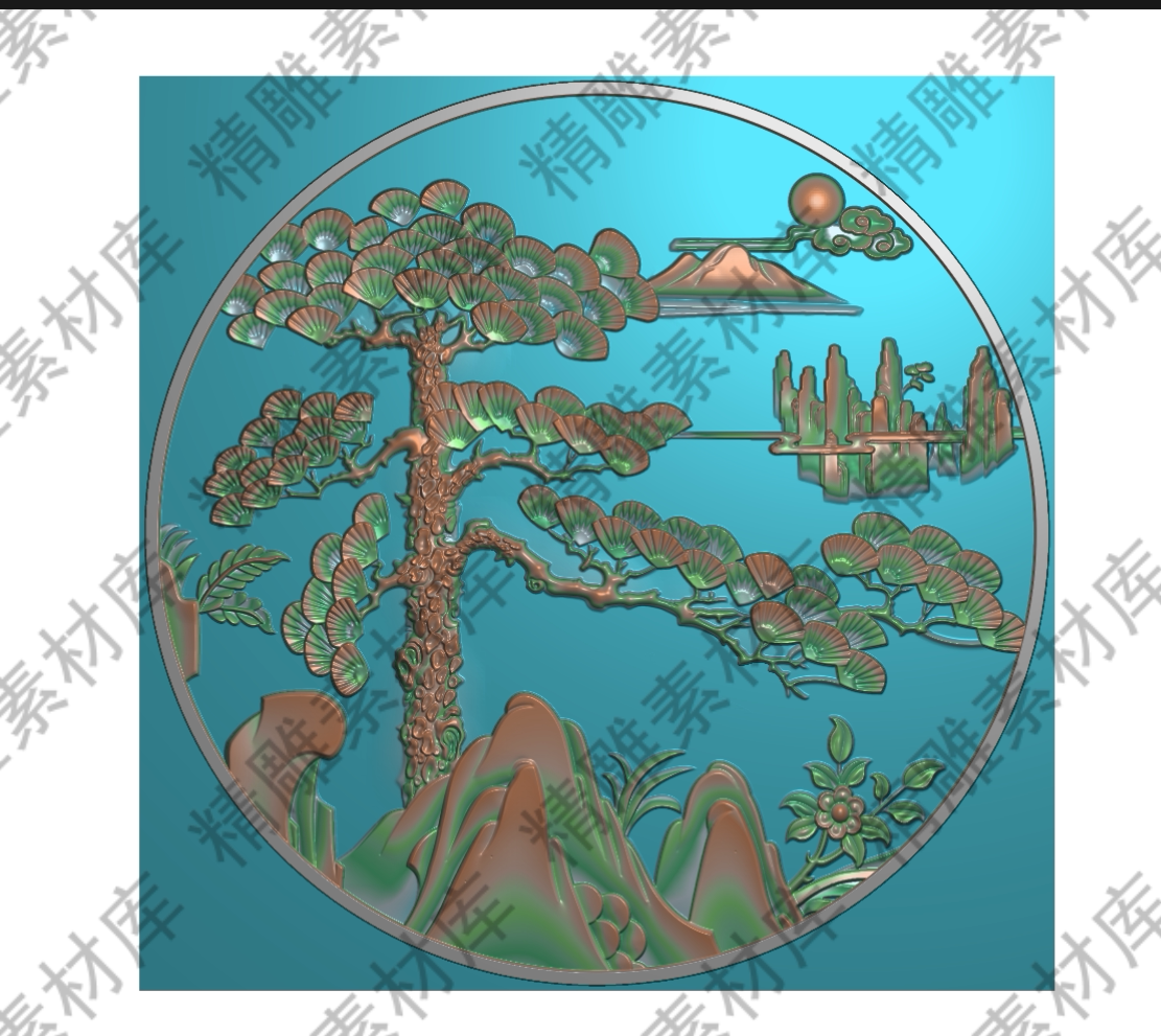 迎客松精雕图灰度图 挂饰 玄关 圆形松 松树雕刻图 松鹤 jdp