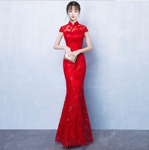 出租礼仪旗袍长款服装迎宾小姐青花瓷旗袍红色酒店礼仪年会晚礼服