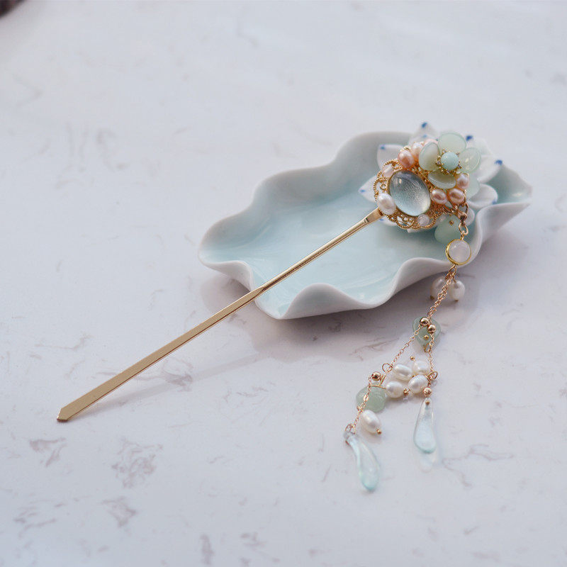 发簪 梅花簪 古风双面珍珠头钗 百搭 盘发古典长流苏步摇汉服配饰